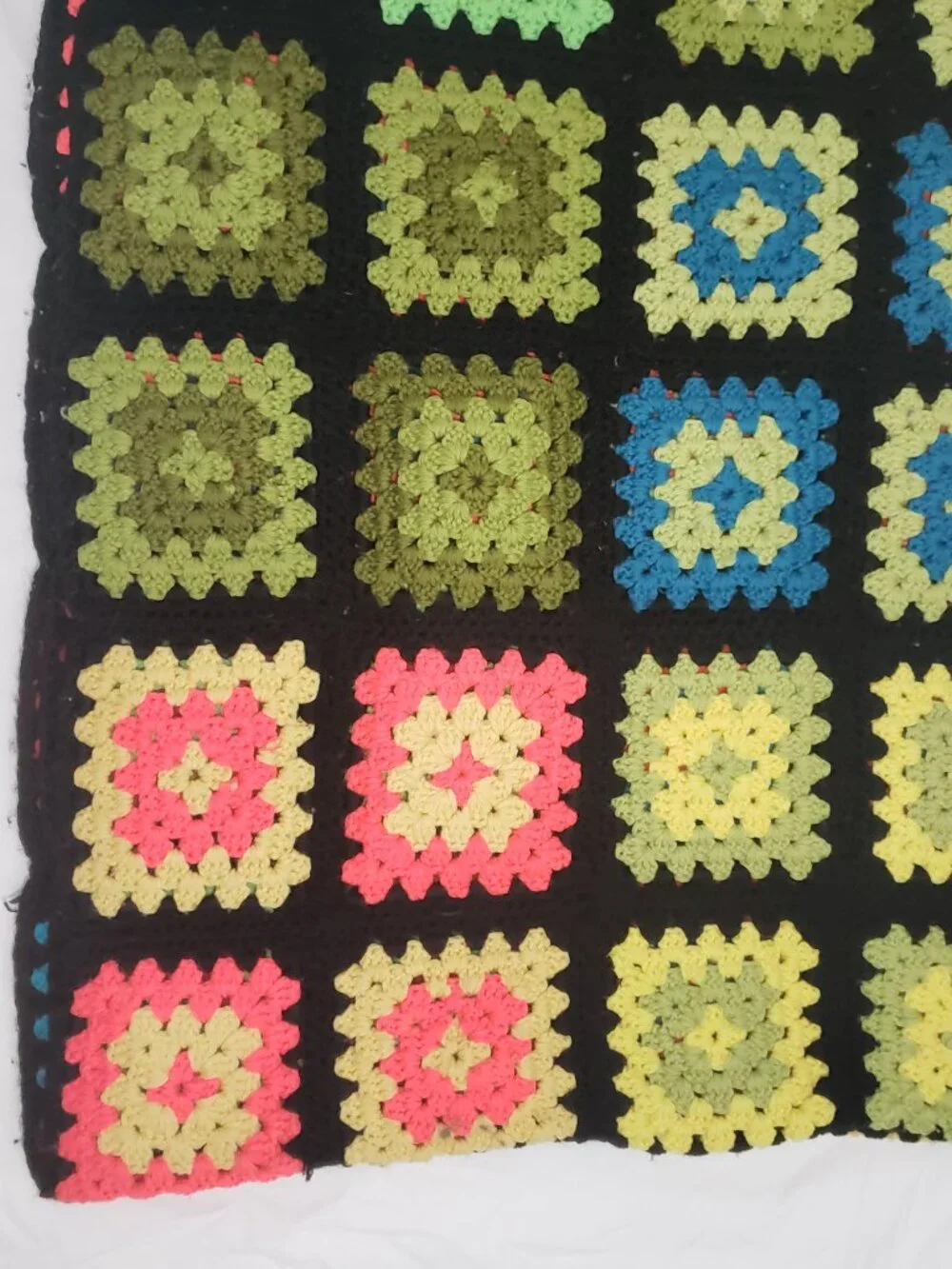 Vintage Granny Square Afghan Black Rainbow Crochet Blanket 56x90 Handmade Throw